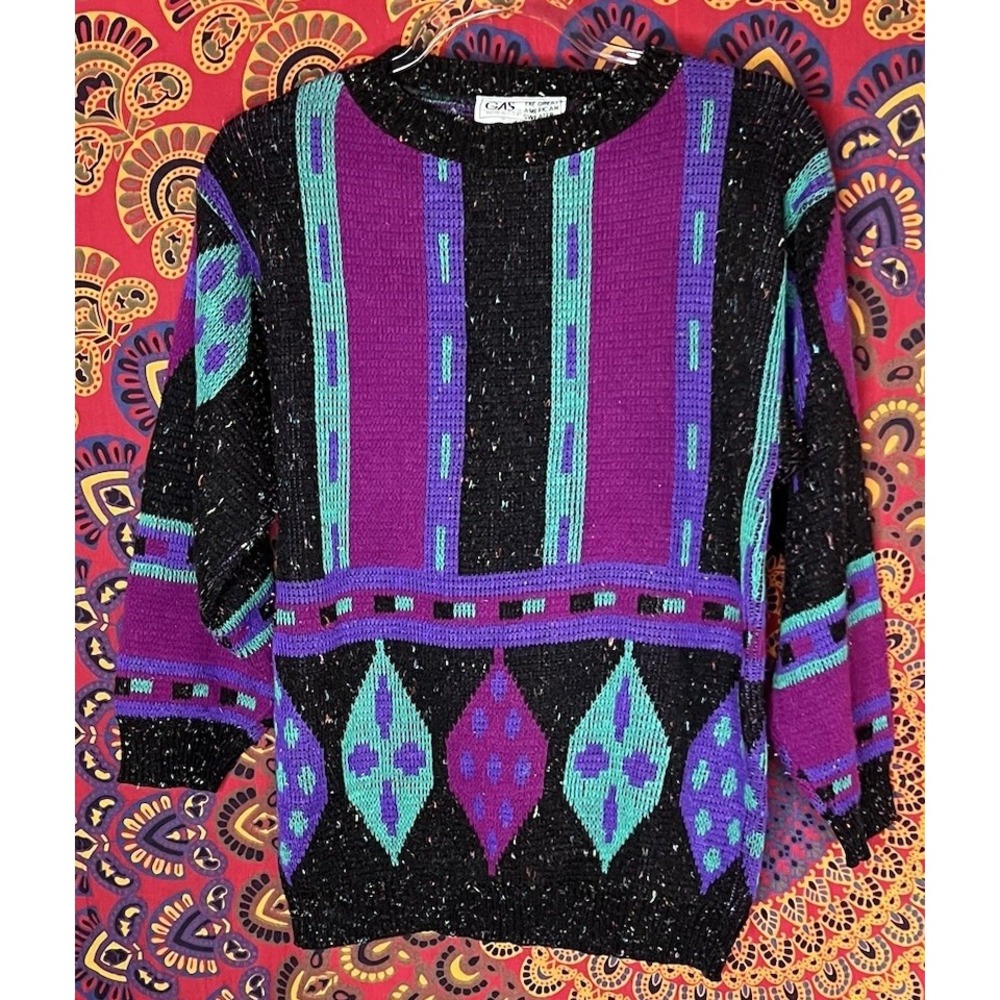 Vintage GAS Sweater 1989 Retro Wool Black Purple Medium‎ PTP 22in Length 25in